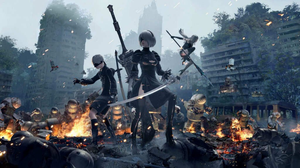 Unlikely Allies Unite: Adventurers 2B, 9S and A2 Fight Together in Epic Nier Automata Wallpaper