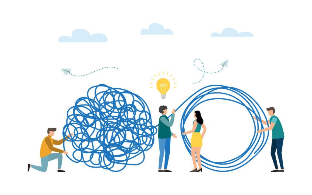 Team collaborating to untangle chaotic blue knot into organized circle creative problem solving vector Wallpaper