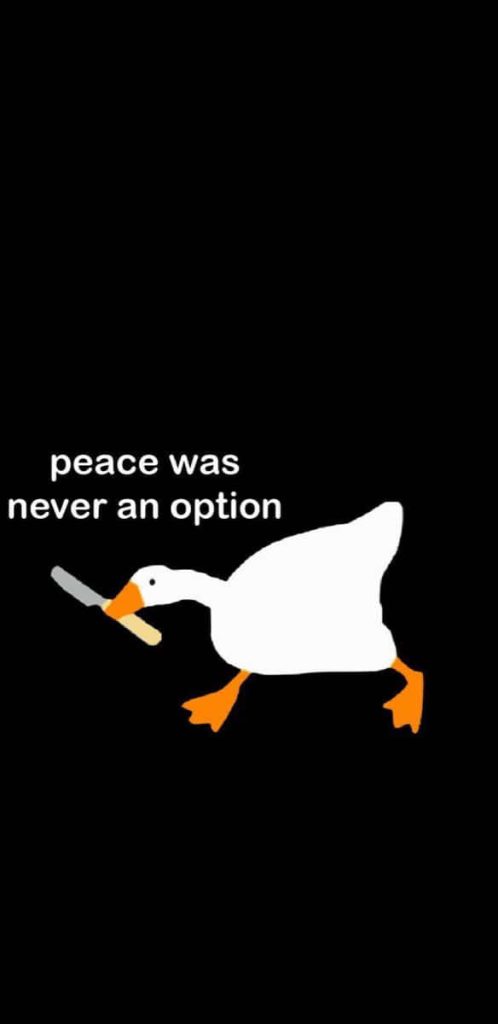 Minimalist Untitled Goose Game wallpaper showing goose with kitchen knife on black background peace was never an option
