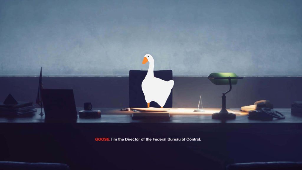 Untitled Goose Game protagonist as Federal Bureau of Control Director in dimly lit office wallpaper