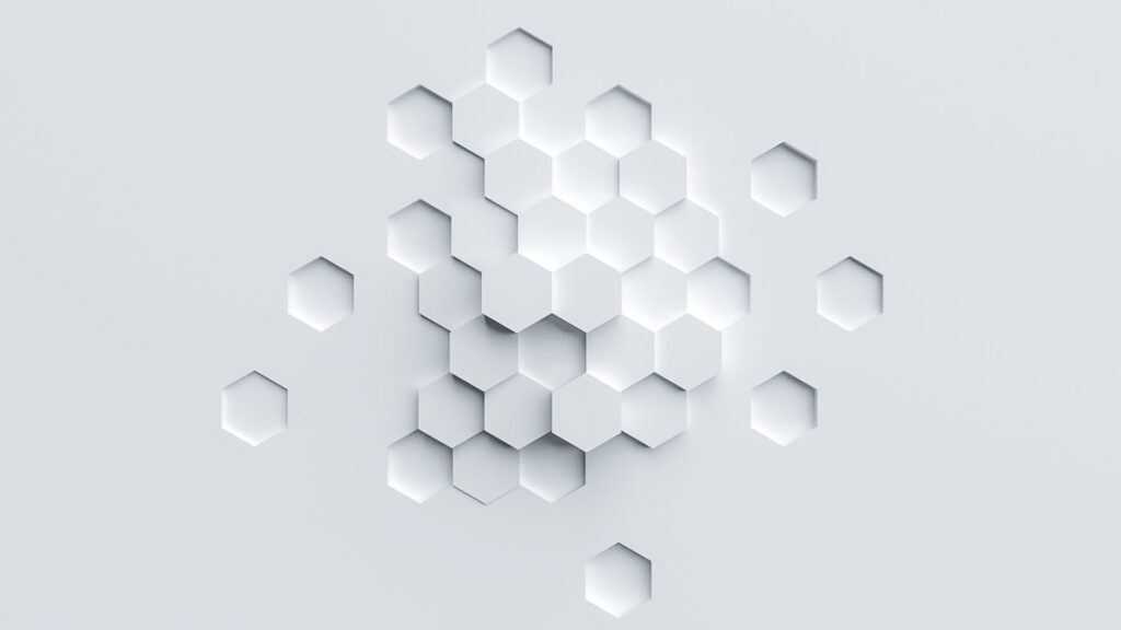 Minimalistic white wallpaper with 3D abstract hexagon pattern and soft lighting for modern decor