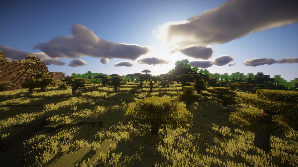 Vibrant Minecraft Scenery: Breathtaking 4k Background Image of Lush Trees dotting a Pristine Grassland under a Blue Haze Wallpaper