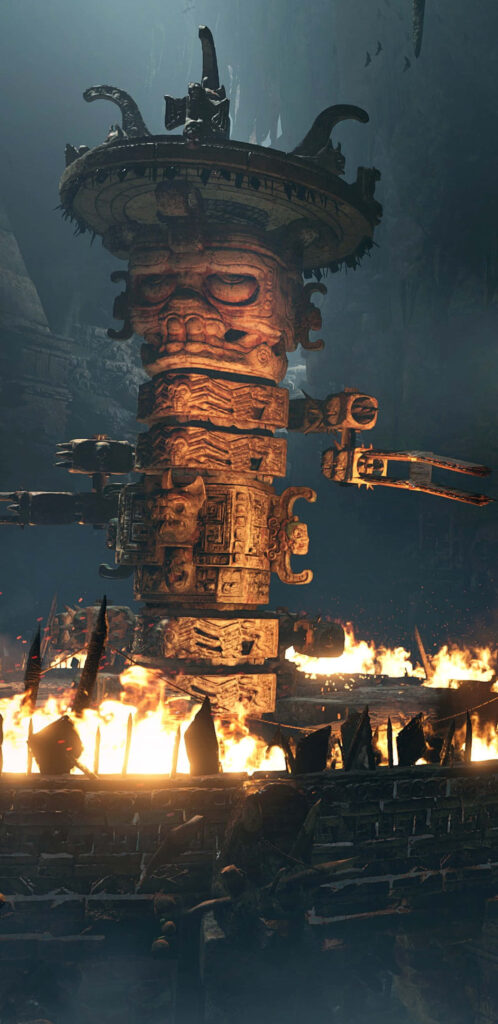 Rise of the Tomb Raider: Intricate Ancient Totem Amidst Flames - Adventure Discovery Scene Wallpaper