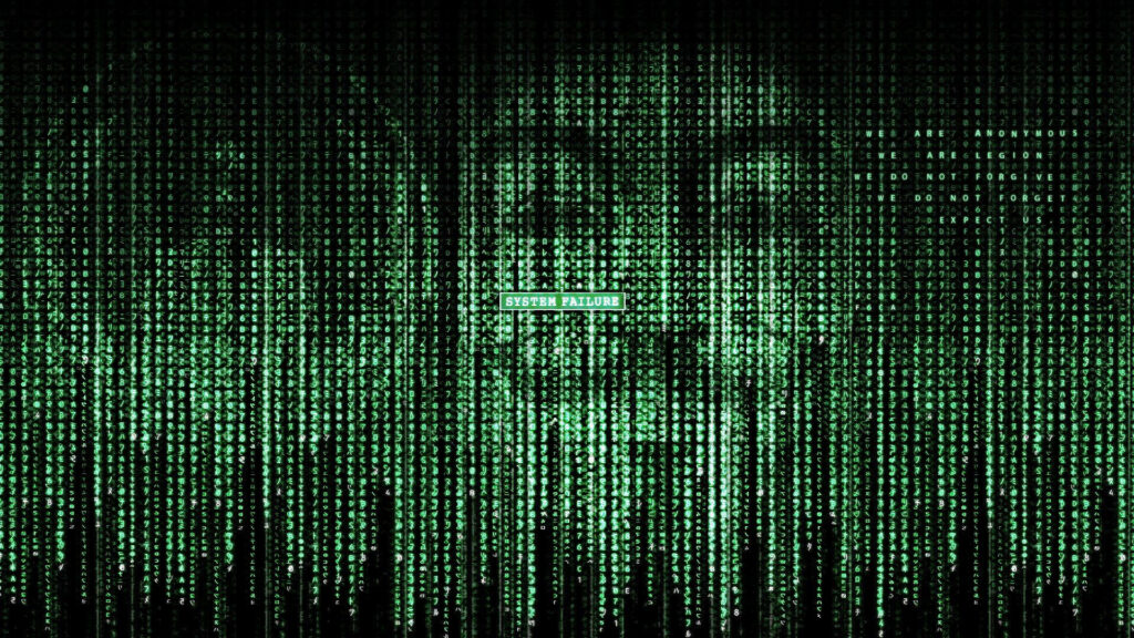 Hacker Matrix: Illuminated digital art portraying a face made of anonymous code on a vivid green background Wallpaper