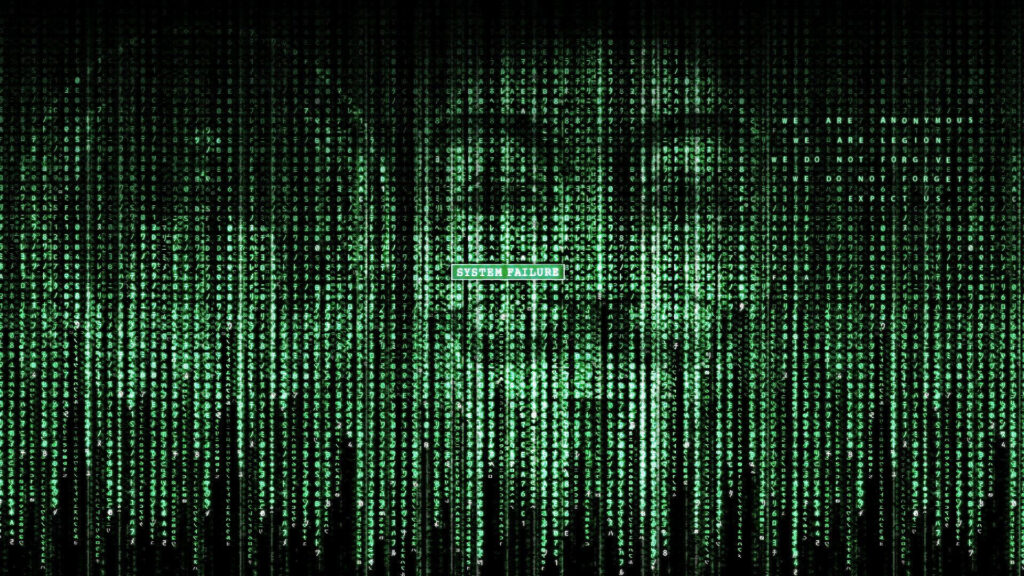Hacker Matrix: Illuminated digital art portraying a face made of anonymous code on a vivid green background Wallpaper