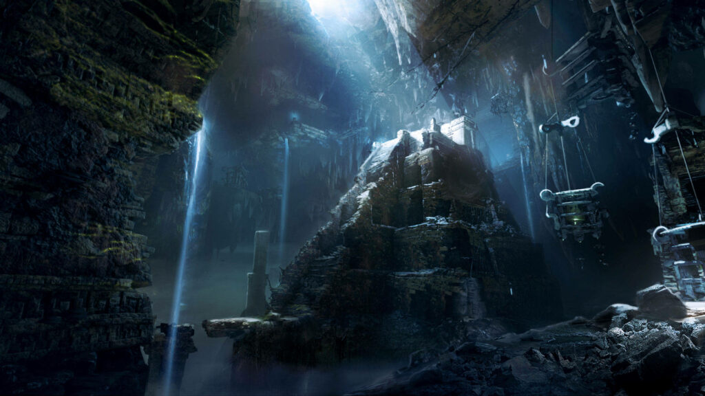 Ethereal Gloaming: The Enigmatic Shadow of an Ancient Tomb in Shadow of the Tomb Raider Wallpaper
