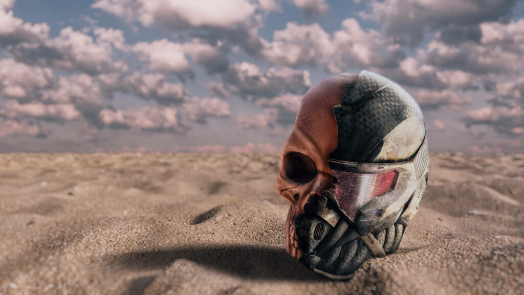 Revealing the Dark Side: A Captivating 4k Image of Crysis 3's Nanosuit Helmet Unmasking a Sinister Human Skull Against Moody Skies Wallpaper