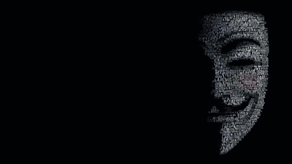 Anonymous White Mask: A Minimalist 4k Graphic Illustrating the Enigmatic World of Hackers in a Black Background Wallpaper