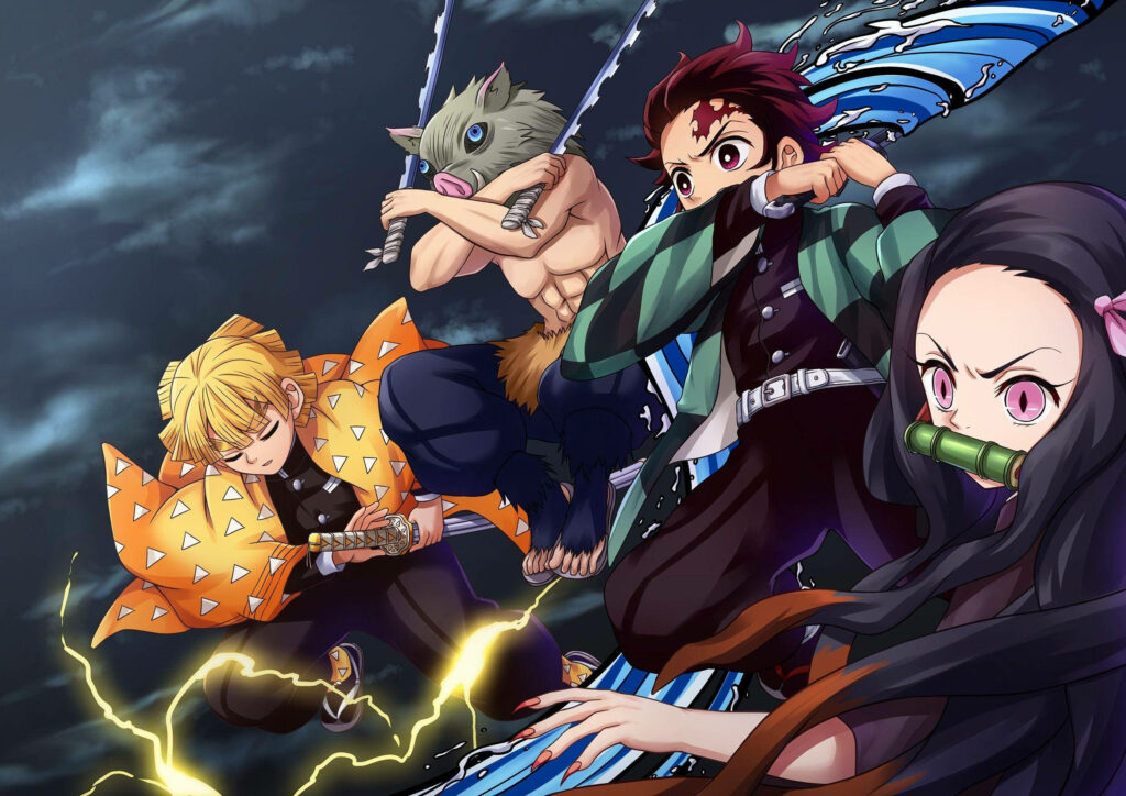 Unleashing Warriors: Zenitsu, Inosuke, Nezuko, and Akaza Clash in the Demon Slayer Manga Series Wallpaper