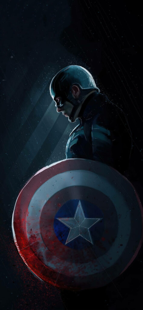 The Determined Captain: Pensive Superhero Clutches Blood-Stained Shield in Mobile Wallpaper