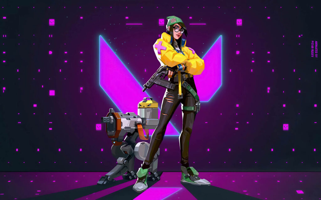 Unyielding Protectors: Enigmatic Killjoy Defends Valorant Symbol in Purple Emblem Background Wallpaper