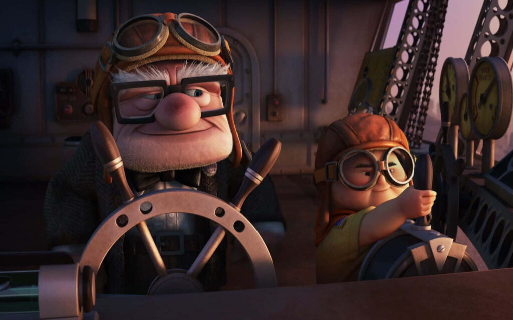 Adventurous Up Movie Wallpaper: Carl and Russell's Teamwork at Sea