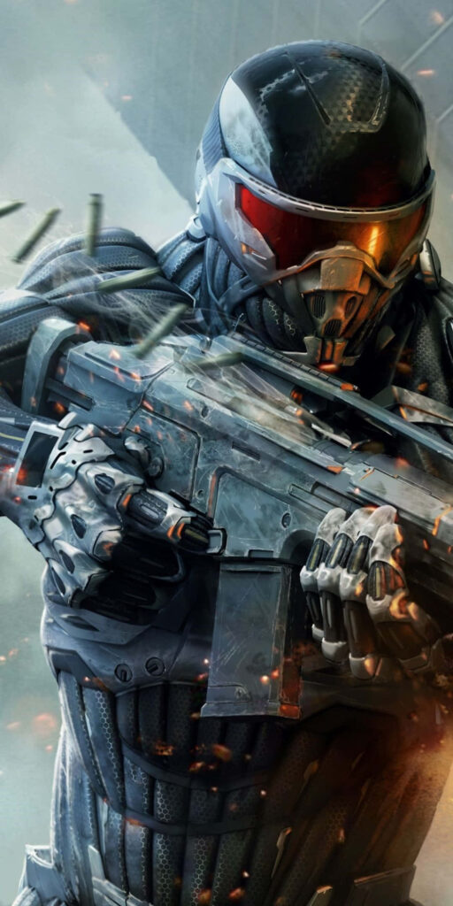 Intense Action Shot: Crysis 3 Protagonist Alcatraz in Nanosuit Armor on Battleground Wallpaper