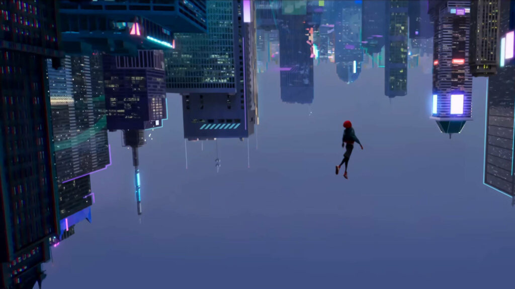 Upside-Down Plunge: Miles Morales Spiraling through the Night City in Wall-crawler Glory Wallpaper