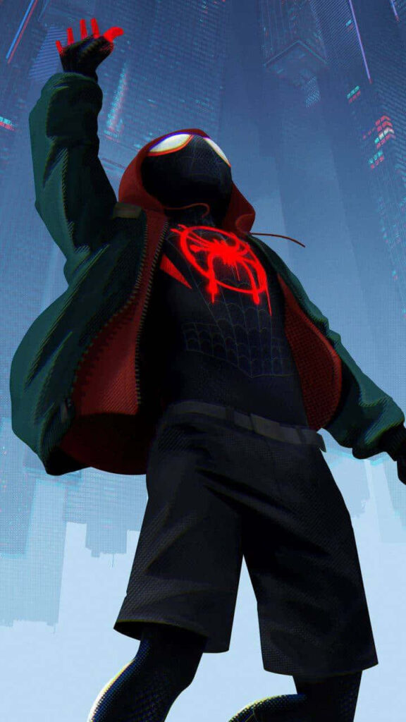 Web-Slinging Marvel Hero Miles Morales Strikes a Pose in his Spidey Suit against a Gravity-defying Urban Landscape Wallpaper