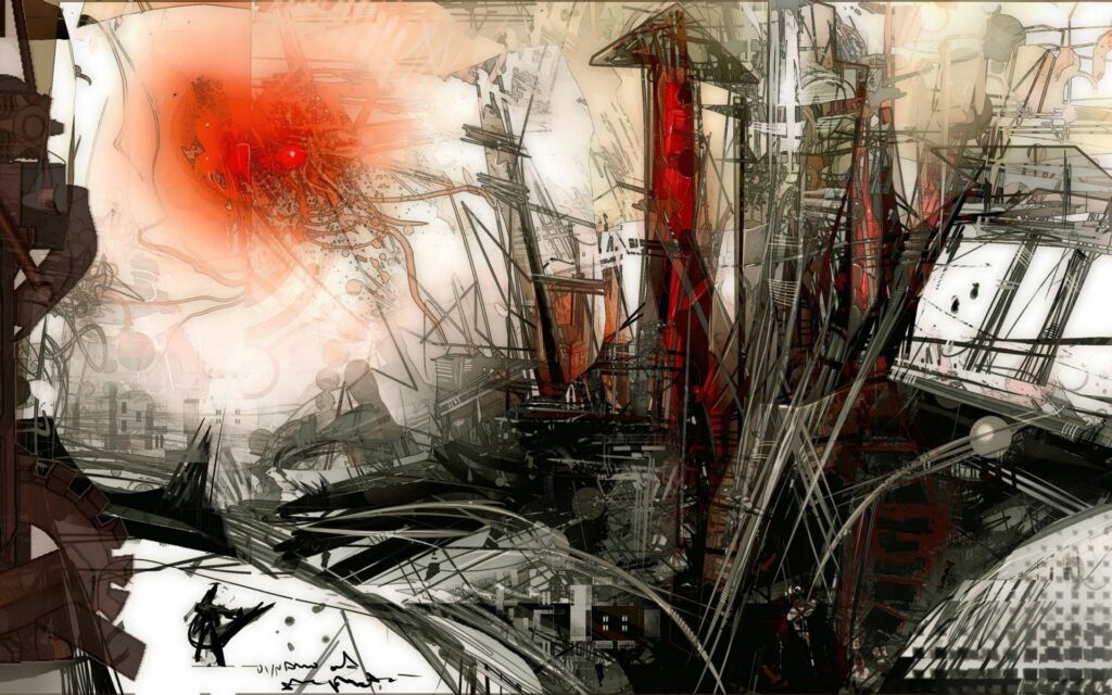 Abstract Cityscape Wallpaper: Intricate Structures & Bold Red Splashes