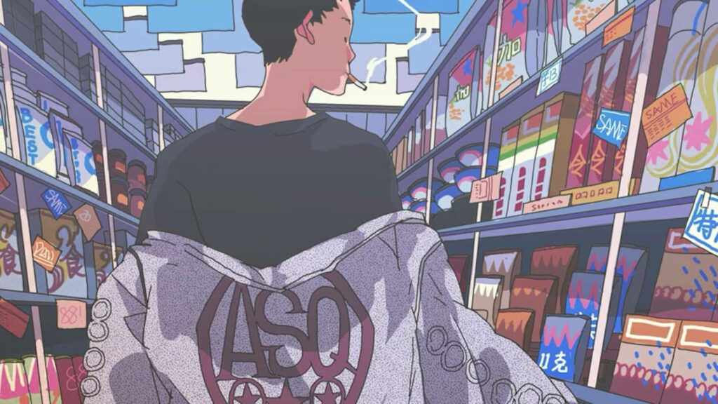 Smoky Stroll: An Anime Lad's Indie Adventure through the Supermarket Aisle Wallpaper