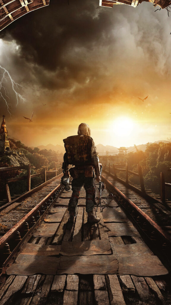 Dusk Reflections: A Ranger's Vantage Point in the Ruins of a Metro Train Tunnel Wallpaper