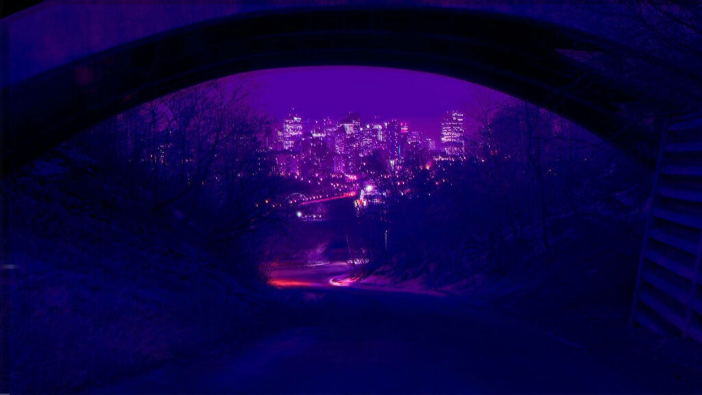 Enchanting Nighttime Journey through a Cyber Forest to the Glowing Metropolis Wallpaper