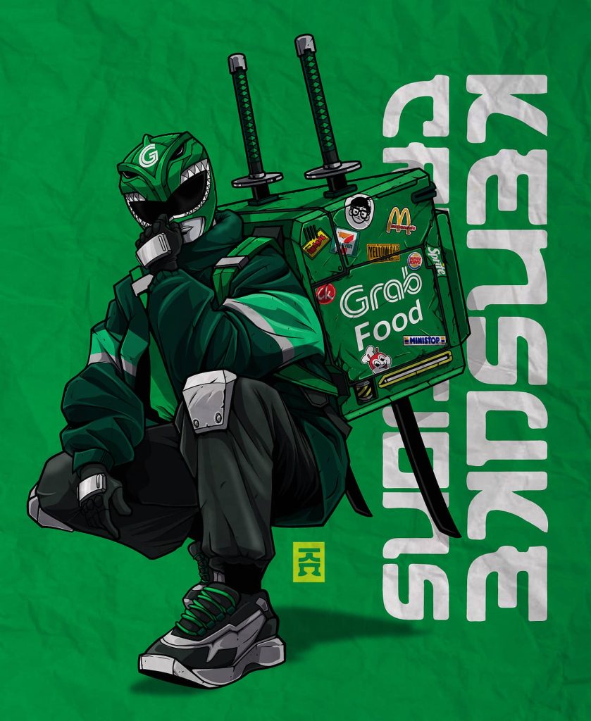 Green Power Ranger as urban delivery rider with Grab Food box and twin katanas wallpaper