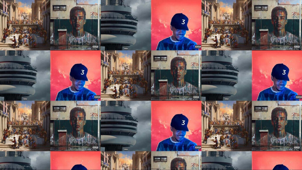 Collage wallpaper of Drake Logic Chance the Rapper album covers with vibrant urban cityscapes background