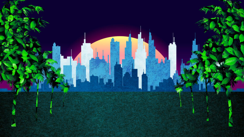 Urban Oasis: A Contrast of Skyscrapers and Verdant Foliage for a Captivating 5k Desktop Wallpaper