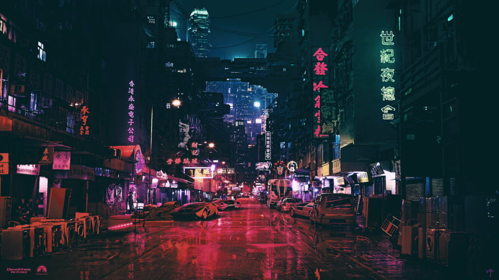 City Nightscape: Artistic Black Signages Amidst Glowing Roads and Cars - A 4K Wallpaper