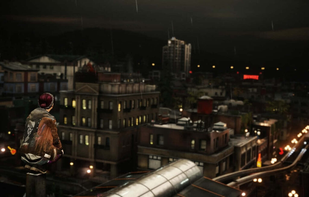 Moody Urban Rooftop Wallpaper: Lone Figure in Rainy Cityscape