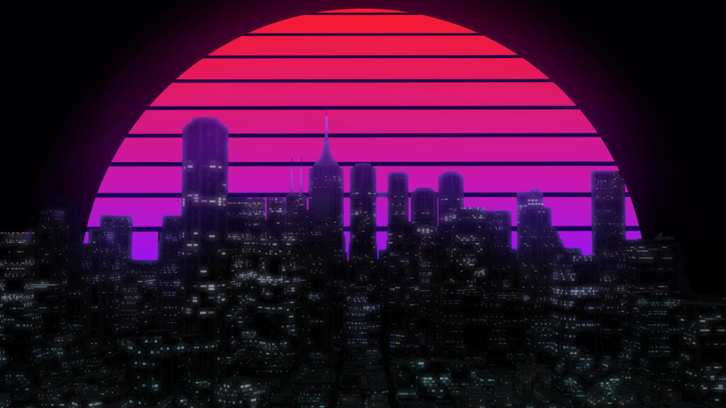 Urban Dreams: Neon City Nightscape with Retro Skyscrapers and a Pink Lunar Glow Wallpaper