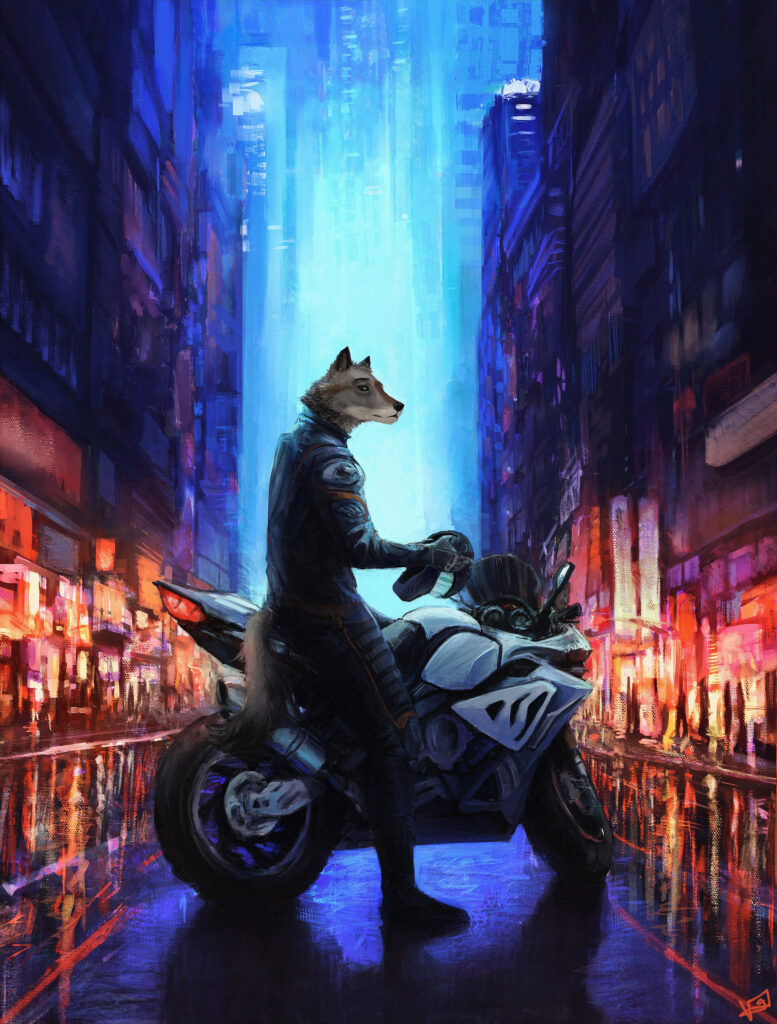 Urban Howler: A Silver-Clad Wolf Roaring on Its Motorcycle Through Stunning City Streets Wallpaper