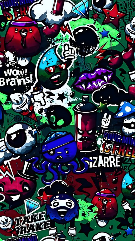 Vibrant sticker-bomb wallpaper with graffiti icons skulls spray cans cartoons bold typography