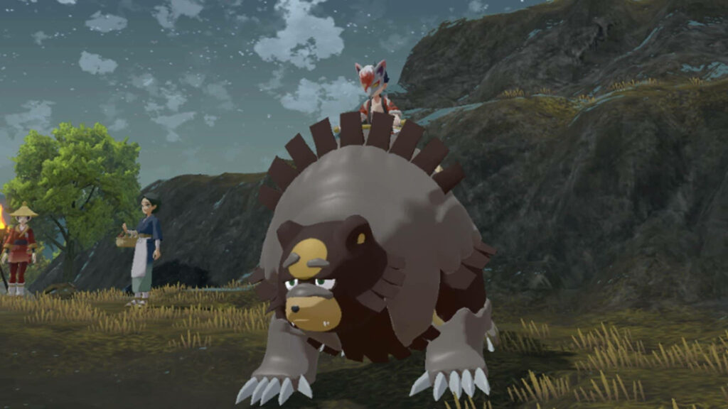 Ursaluna Pokémon carrying trainer across rugged landscape under cloudy sky video game wallpaper