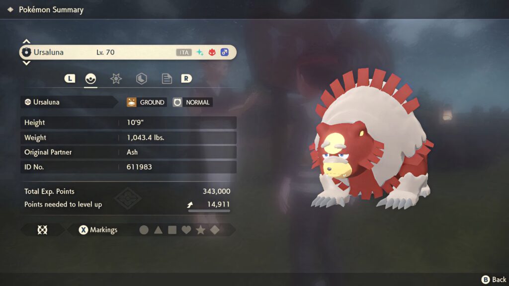 Ursaluna Pokémon summary screen wallpaper showing detailed stats level type height weight XP