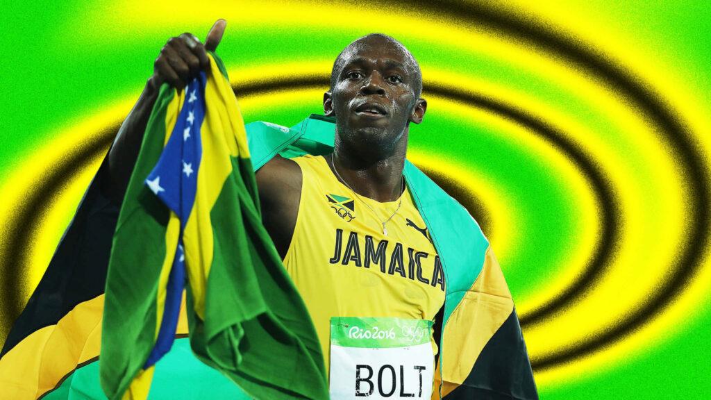 Usain Bolt holding Jamaican flag triumphant vibrant abstract background wallpaper celebration