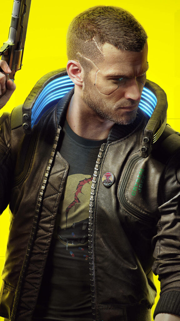 V from Cyberpunk 2077: Android Portrayal against Vibrant Yellow Backdrop Wallpaper