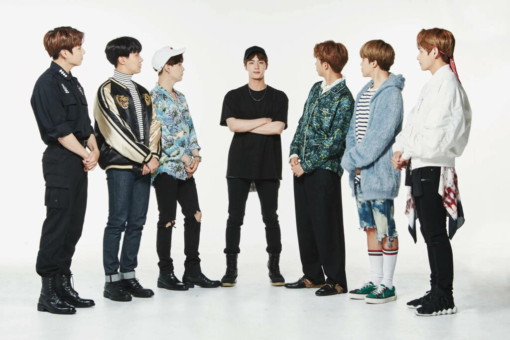 Vivid BTS V-Formation: Adorable Jin-Centered Wallpaper