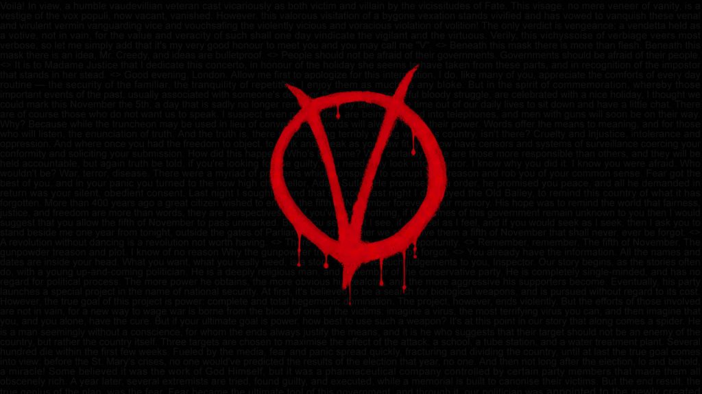Bold blood red V for Vendetta symbol on dark textured background with iconic monologue text Wallpaper