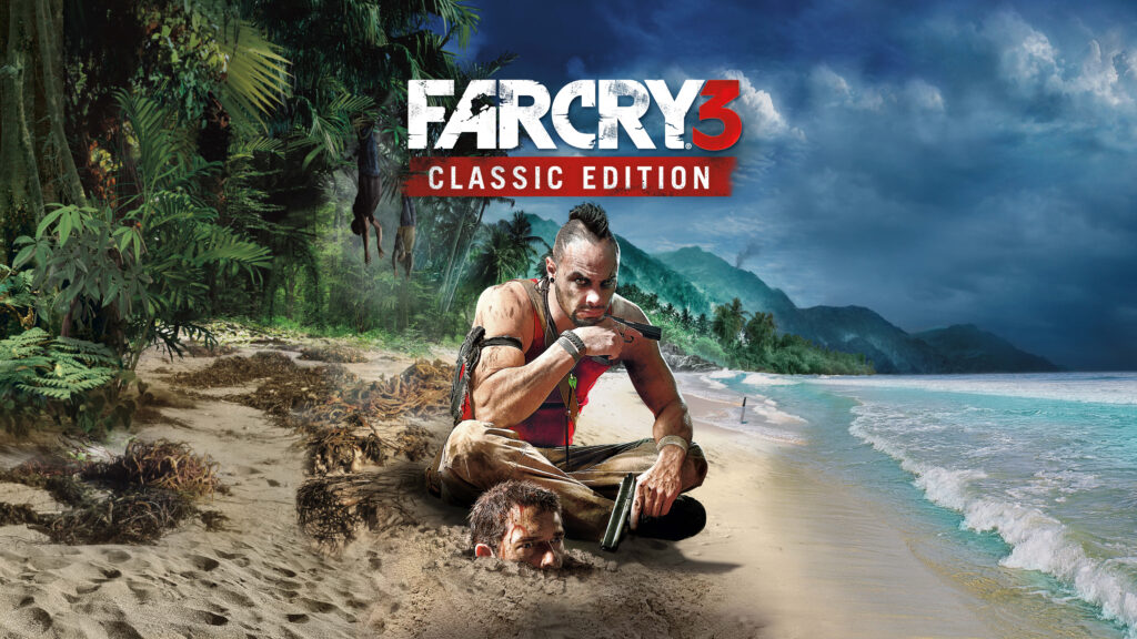 Encounter by the Shore: Vaas Montenegro's Intense Standoff with a Buried Captive in the Far Cry 3 Classic Edition Wallpaper