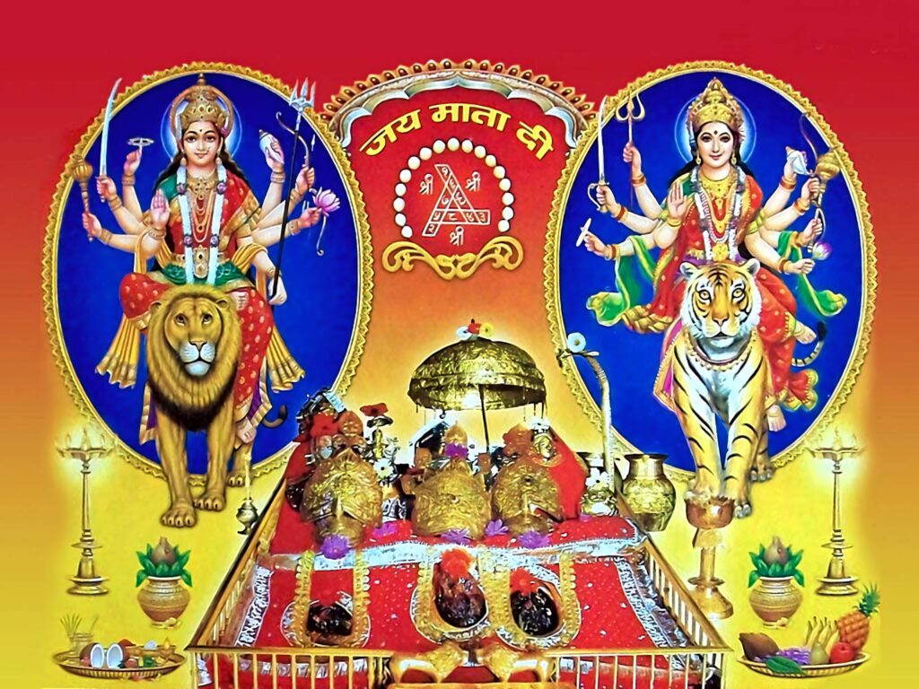 Vaishno Devi wallpaper showing divine forms with multiple arms on lion and tiger with Durga Yantra