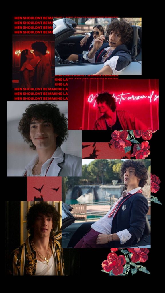 Valerio from Netflix Elite edgy collage wallpaper with red neon lights and vibrant roses background