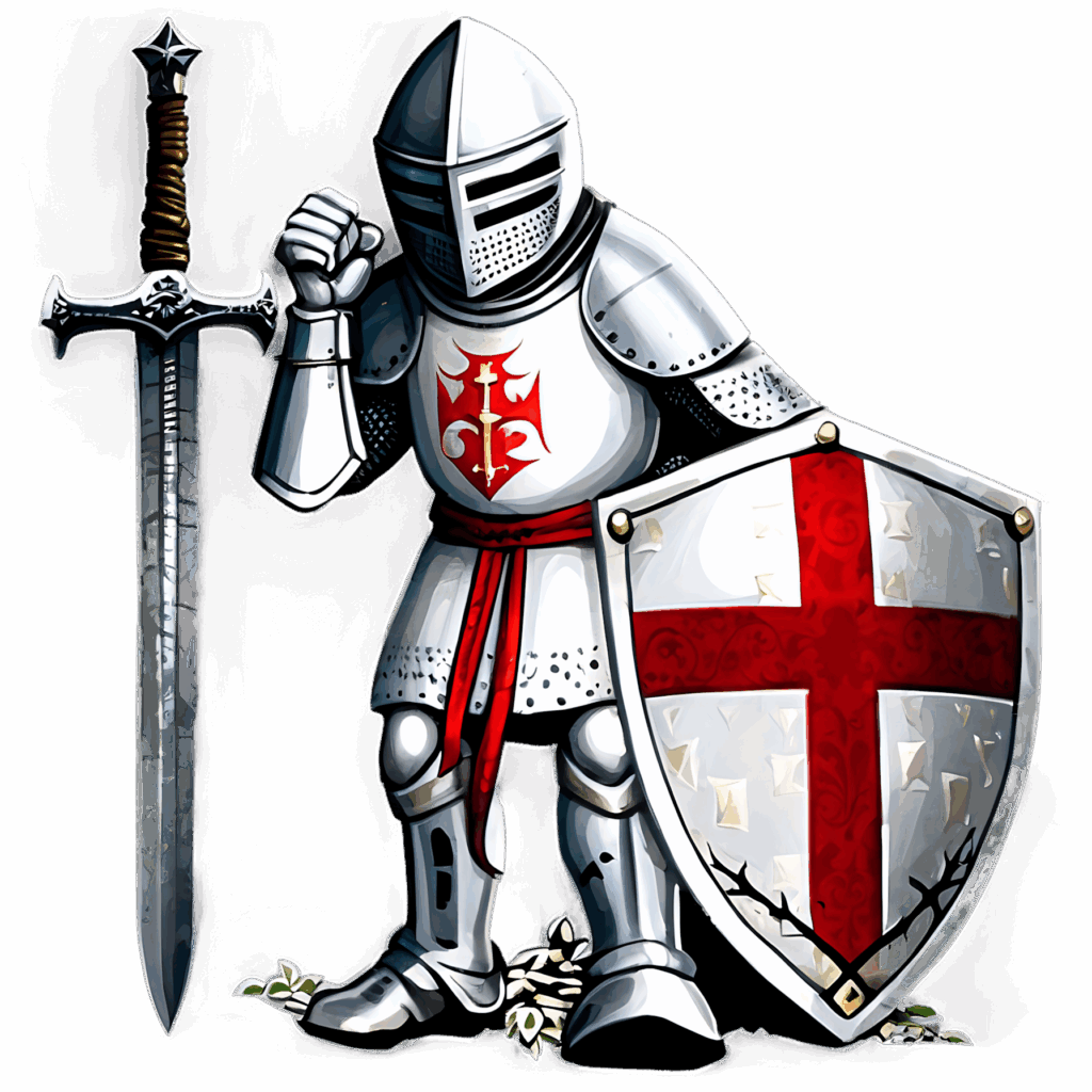 Valiant Knight Templar in shining armor with sword and red cross shield medieval bravery wallpaper