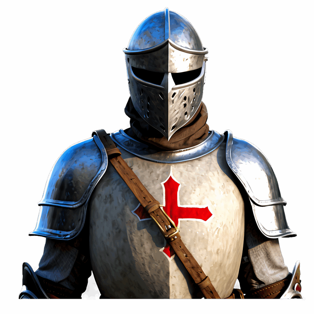 Valiant knight in shining armor with crossbow and bold red cross on chestplate against plain background Wallpaper
