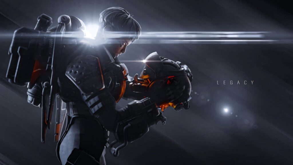Valkyrie from Apex Legends in dark dramatic setting holding helmet illuminated by bright light Wallpaper