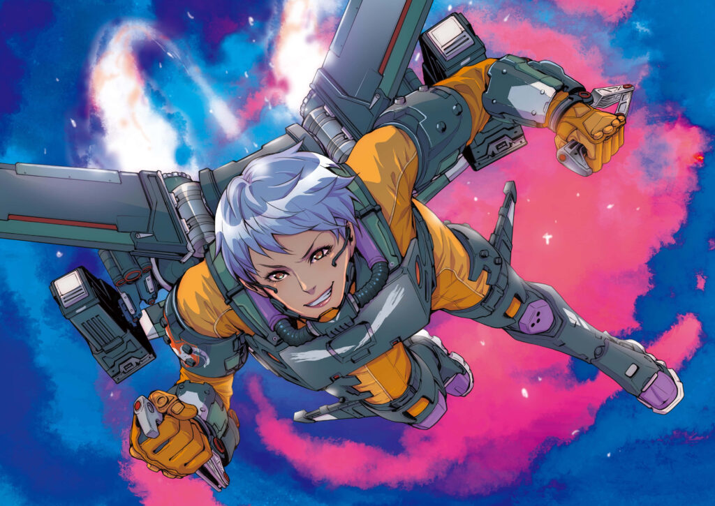 Valkyrie from Apex Legends soaring through colorful sky vibrant dynamic gaming wallpaper background