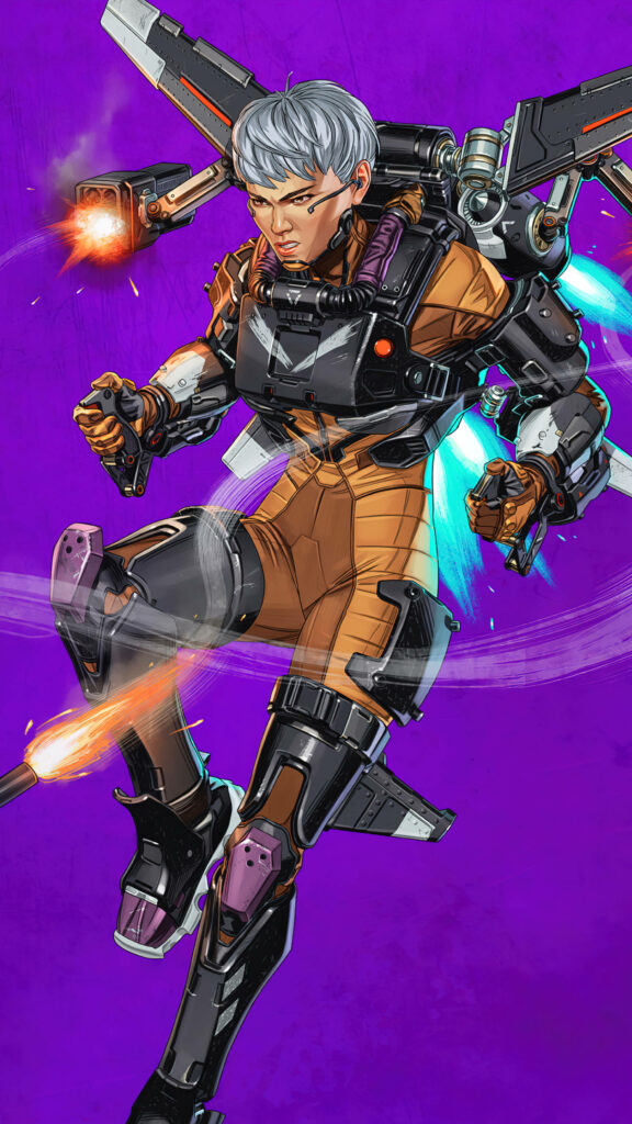 Valkyrie Apex Legends phone wallpaper dynamic action jetpack armor purple background fans