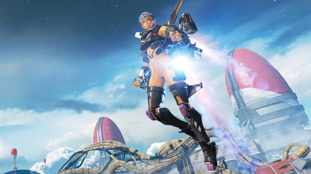 Valkyrie from Apex Legends flies with jetpack over futuristic cityscape under bright blue sky wallpaper