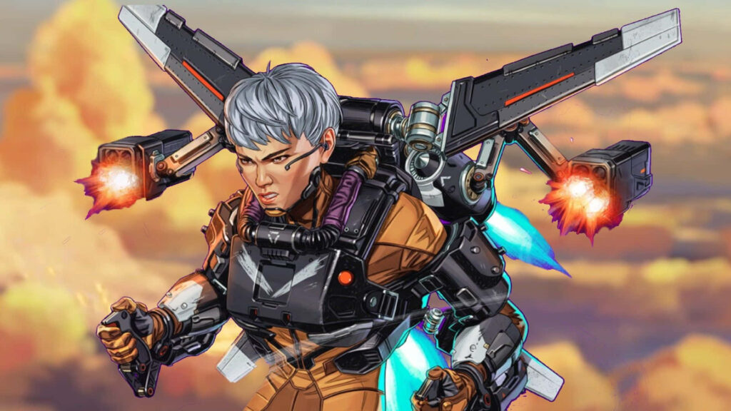 Valkyrie from Apex Legends flies with jetpack through vibrant clouds against bright sky background Wallpaper