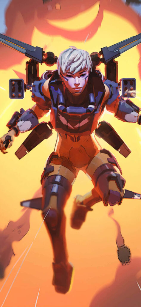 Valkyrie Apex Legends flying in battle suit with explosion background dynamic action wallpaper