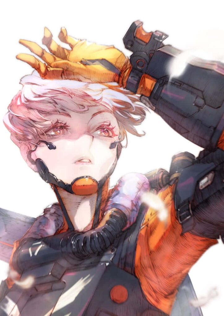 Illustrated Valkyrie from Apex Legends in light aesthetic suit looking upward with determination Wallpaper
