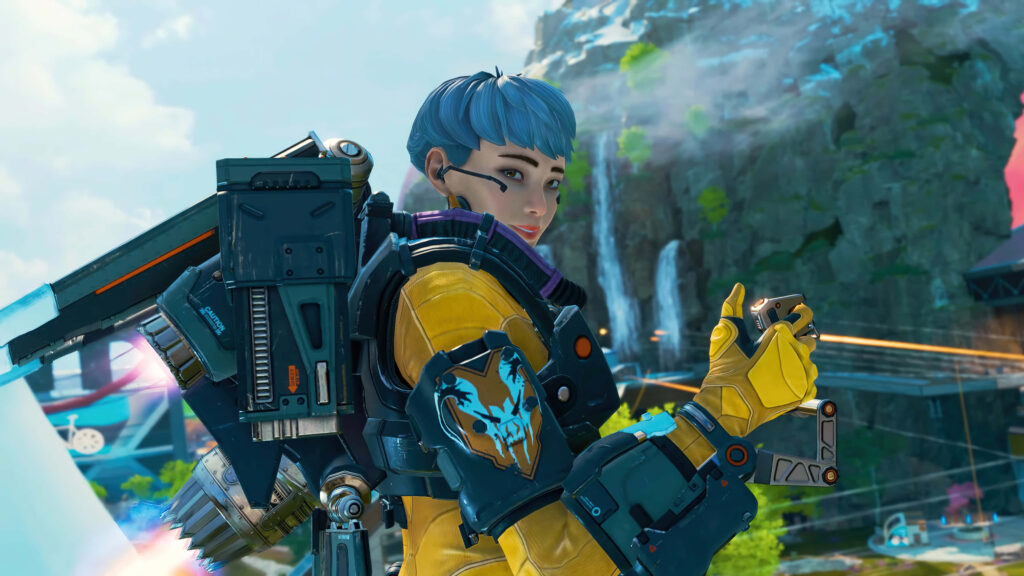 Valkyrie Apex Legends wallpaper detailed armor jetpack scenic background for game fans